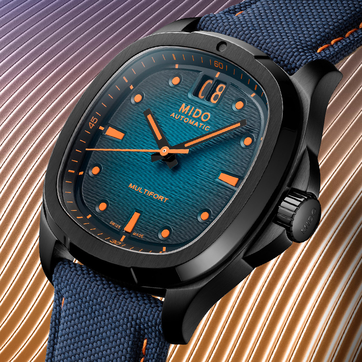 MIDO - MULTIFORT - M049.526.37.041.00 - MIDO美度表大秀視覺衝擊,Multifort TV Big Date電光藍橘及黑灰亮黃撞色登場